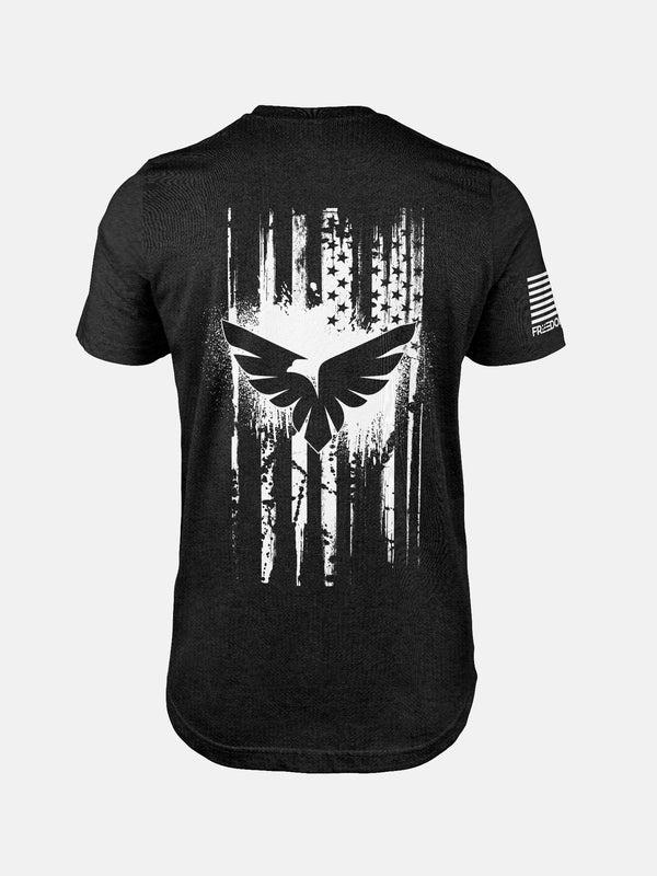 Heather Black Freedom Flag t-shirt with text on the back on a patriotic shirt by FreedomBuilt