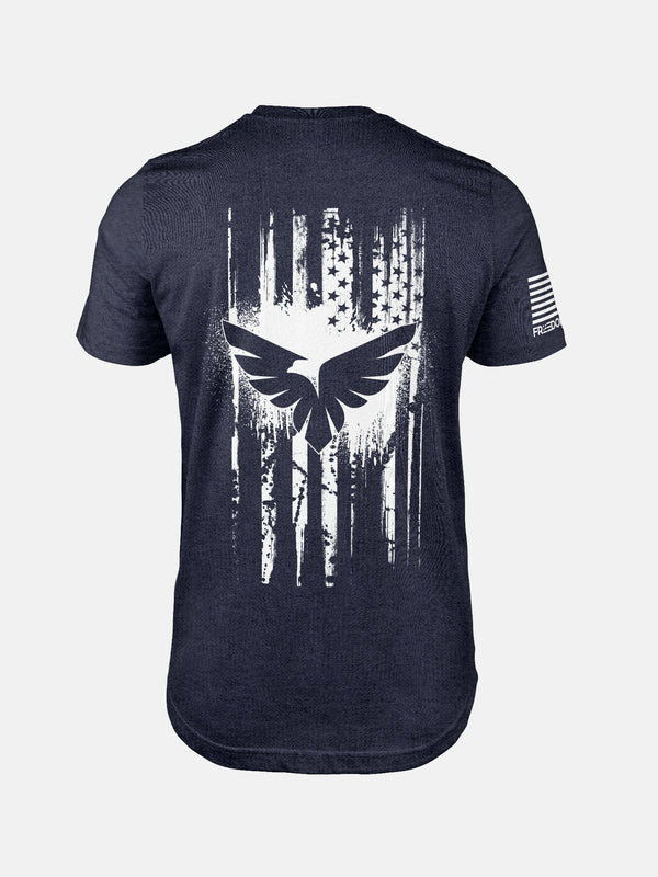 Heather navy Freedom Flag t-shirt with text on the back on a patriotic shirt by FreedomBuilt