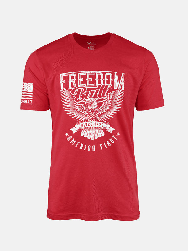 Red t-shirt with blue graphic design featuring an eagle and text on a patriotic shirt by FreedomBuilt