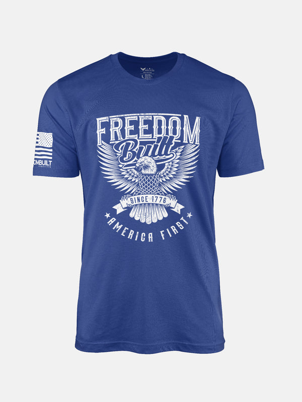 True Royal t-shirt with blue graphic design featuring an eagle and text on a patriotic shirt by FreedomBuilt