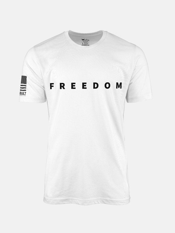 White t-shirt with 'FREEDOM' text and small flag on a patriotic shirt by FreedomBuilt