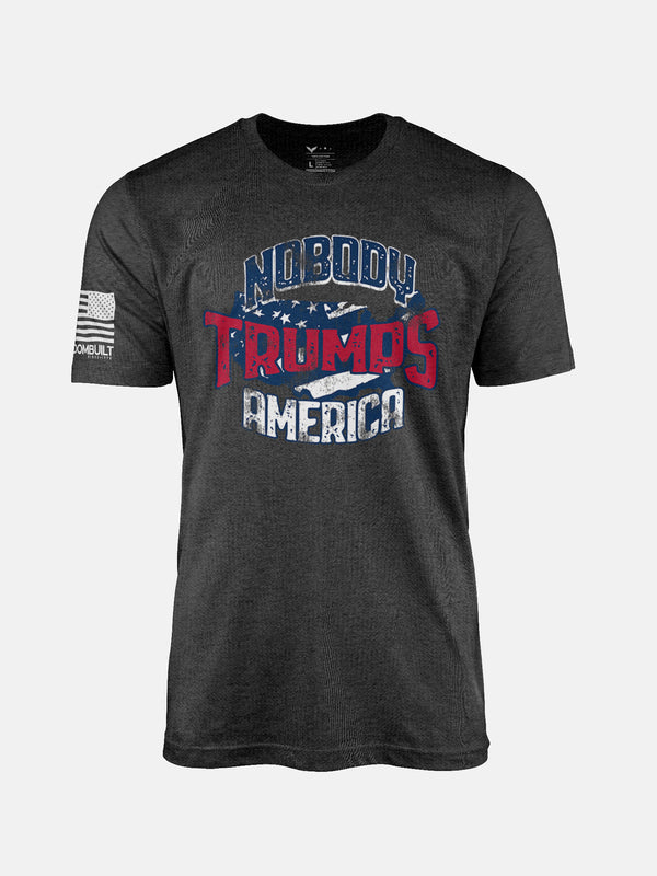 Dark Grey Heather t-shirt with 'Nobody Trumps America' text and flag design on patriotic shirt by FreedomBuilt
