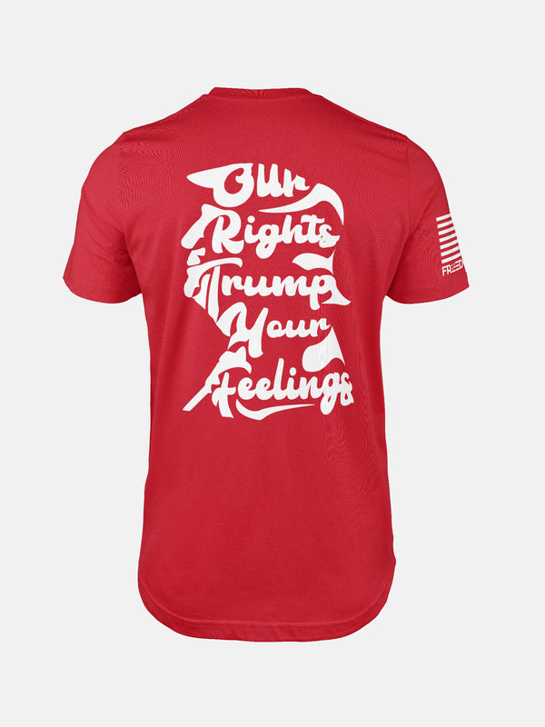 Red t-shirt with white text on the back on a patriotic shirt by FreedomBuilt