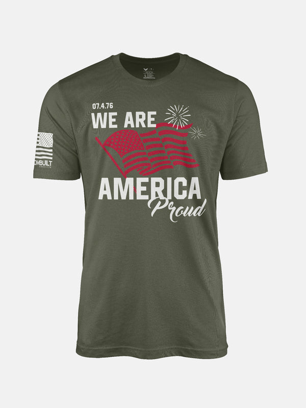 Military t-shirt with 'We Are America Proud' text and American flag design on a patriotic shirt by FreedomBuilt