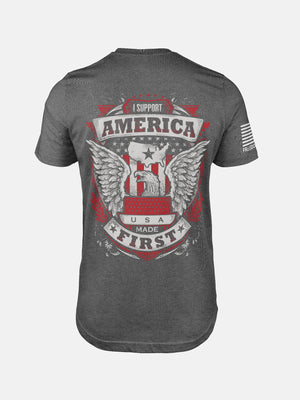 Deep Heather t-shirt with an eagle graphic and text on a patriotic shirt by FreedomBuilt