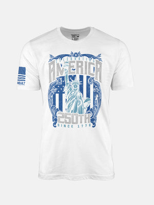 White t-shirt with blue and gray graphic design featuring the Statue of Liberty and text on a patriotic shirt by FreedomBuilt