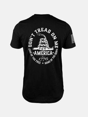 Black t-shirt with 'Don't Tread on Me' graphic and text on a patriotic shirt by FreedomBuilt