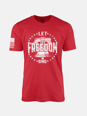 Red t-shirt with 'Let Freedom Ring' graphic on a patriotic shirt by FreedomBuilt Since 1776